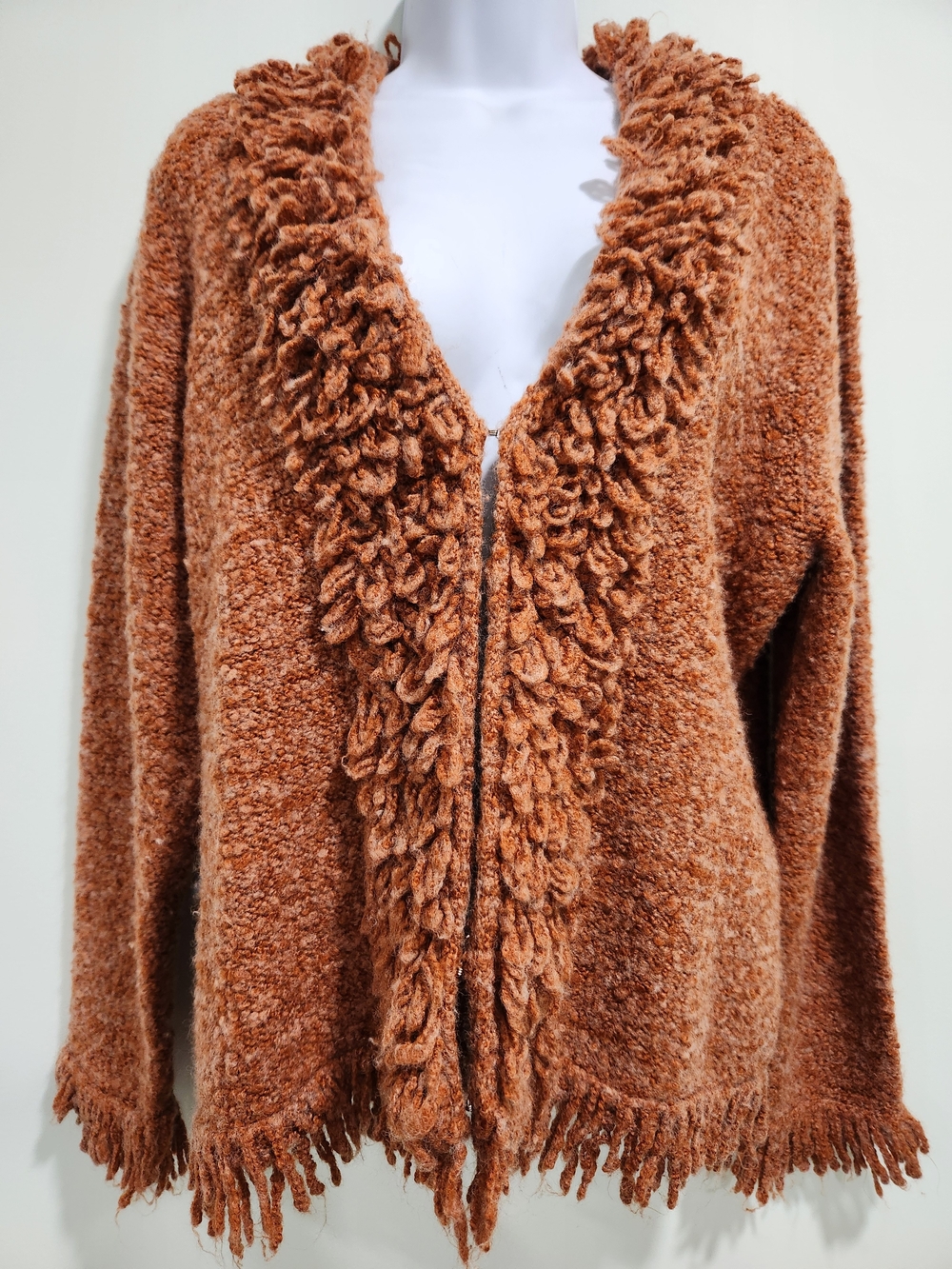 Vintage villager Rustic Brown Textured Fringe Cardigan Sweater